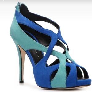 Giuseppe Zanotti Blue Suede Colorblock Pattern Caged Sandals